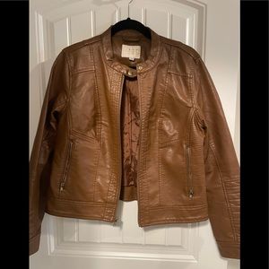 A New Day Jacket Brown Bomber Zip Up Pockets Faux Leather Women’s Size Large L